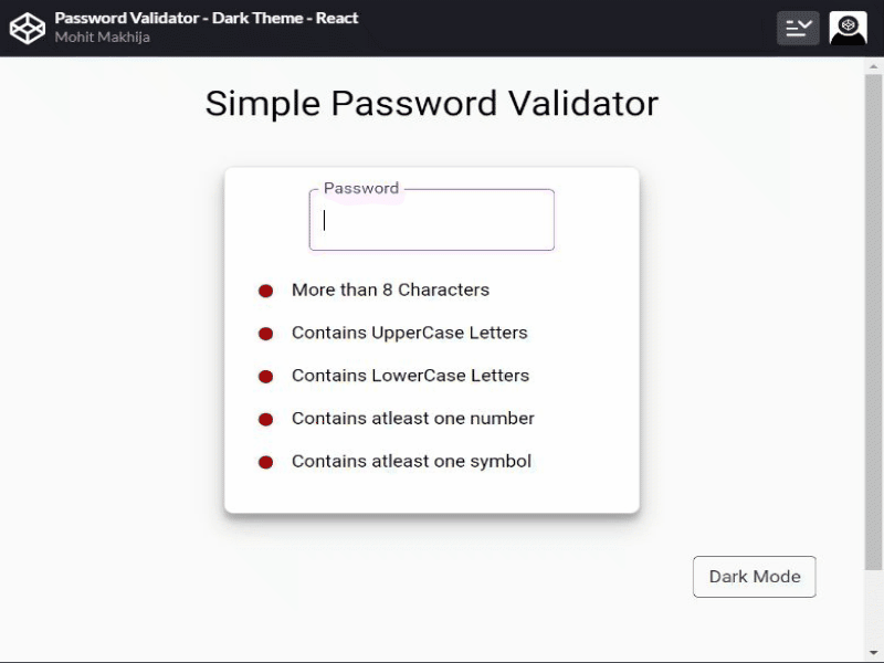 Simple Password Validator dark theme responsive design ux web