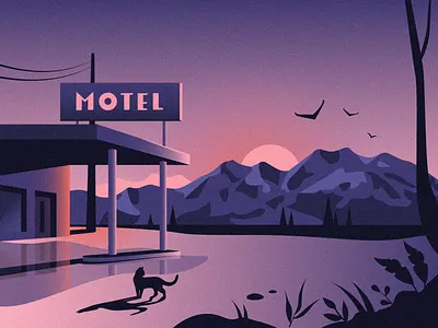 Motel 🗻 birds cat hotel illustration landcape motel mountains puddle rain sign tree view