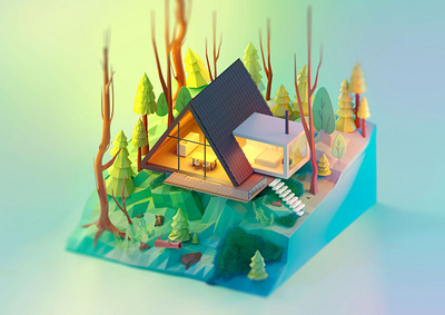 Cabin in woods 3d 3d art cgi design forest house illustration isometric low poly lowpoly