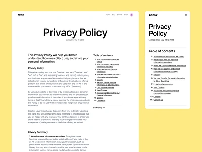 remx privacy policy bulleted list design layout privacy policy table of contents terms of service tos typography web design web3 yellow