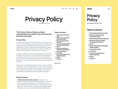 remx privacy policy bulleted list design layout privacy policy table of contents terms of service tos typography web design web3 yellow