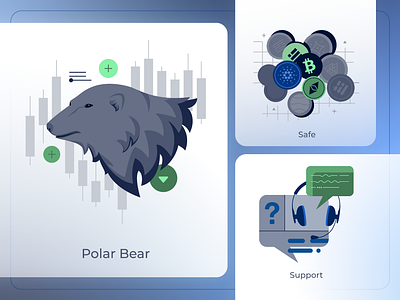 Illustrations set for cryptocurrency trading App light mode app bear bitcoin branding character chart concept crypto cryptocurrency design exchange flat graph icon illustration infographic money trading ui vector