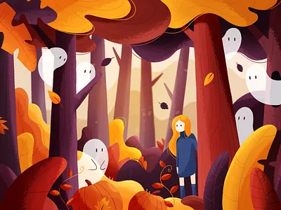 Halloween magic 2d art autumn character design color cute forest ghosts girl halloween illustration leaves magic october photoshop plants pumpkins spooky texture