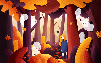 Halloween magic 2d art autumn character design color cute forest ghosts girl halloween illustration leaves magic october photoshop plants pumpkins spooky texture