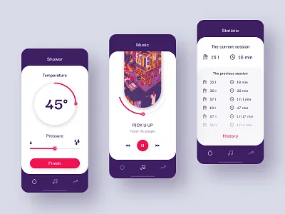 Shower app app app design design figma interface mobile music pessure session shower statistic temperature ui ux water