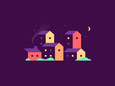 Summer Nights Illustration agrib buildings city clean colorful homes houses illustration moon moonlight negative negative space night nighttime purple space town vector village yellow