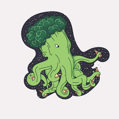 the three favourite things annimal beer broccoli design fantasy healthy illustration imagination octopus vector