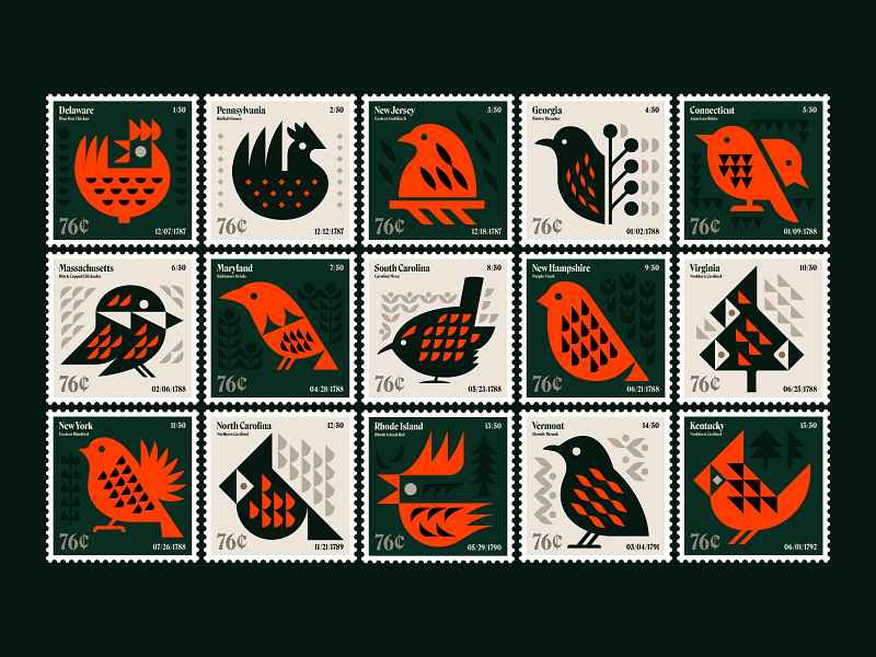 Stamps 1-15 color play bird birds icon illustration logo nature philately postage stamp stamp collection stamps state stamps symbol typography