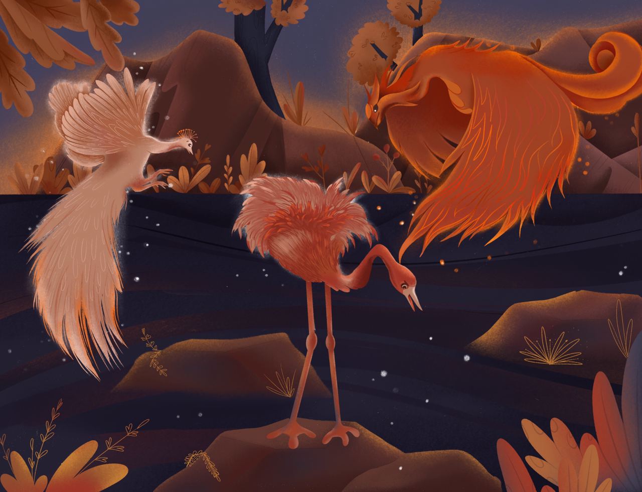 magic birds 31daysofhalloween art art illustration birds blue bookillustration character design children book illustration color palette fenix flamingo illustration illustration art ipadproart magic october orange palette pink procreate