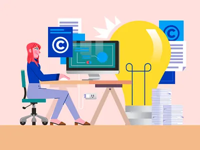 Intelectual Propery bulb character design copyright design desktop flat graphic graphics idea illustration ilustracion imac modern paper vector woman working