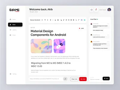 EditMii- Live Content Editor WebApp ai artificial intelligence chatgpt clean ui content creation dashboad dashboard dashboard design dashbord data visualization drag n drop editing app editor kanban board live streaming saas text editing text editor ui design writing app