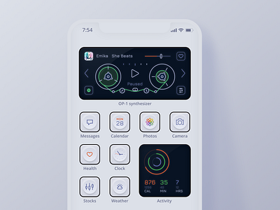 Spotify widget & theme like OP-1 synth app design app icon dark theme dark ui ios ios14 mobile design mobile ui music player op 1 spotify synthesizer ui ui design widget