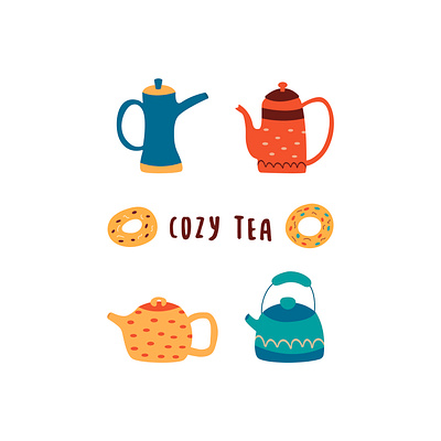 Set of cute teapots with donuts. Cozy tea vector autumn beverage breakfast cap cozy cute dessert donuts drink home hot tea illustration kettle mood set tea teapot vector warm winter