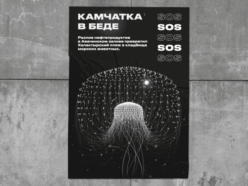 Social poster after effect animation black and white catastrophe design graphic design illustration kamchatka liquid medusa monochrome motion ocean particles russia social vfx wall