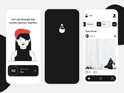 Inktober Social App animation art autumn beret blackandwhite challenge design fall girl illustration ink inkdrawing inktober2020 layout liquidanimation mobile mobileapp person socialapp uxui