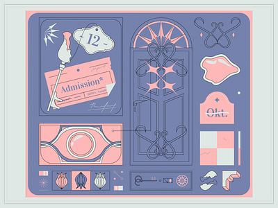 Admission admission blue and pink color palette door entrance grid key room symbols vector art