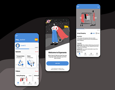 Esperanto - A Language Learning Application app design fun language language learning product quiz ui ux videos