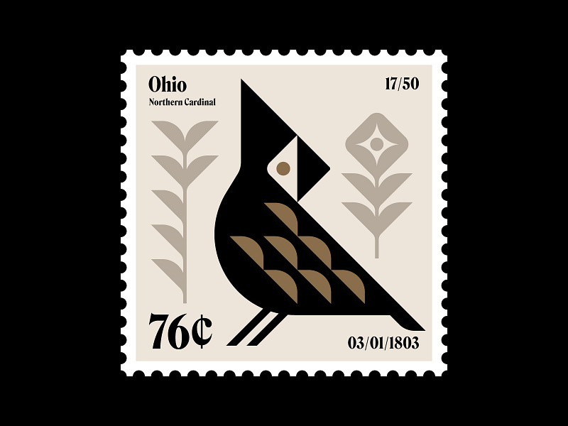 Ohio stamp updated bird cardinal field flower icon illustration logo midwest nature ohio postage stamp stamp stamp collection symbol typography