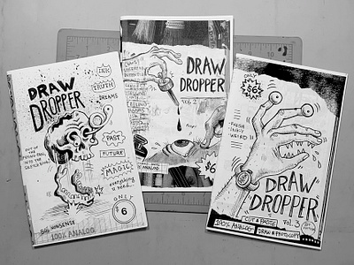 Draw Dropper covers, vol. 1, 2, 3 blackandwhite cartoon collage drawing grunge handletter illustration lowbrow photocopy sketchbook texture type zine