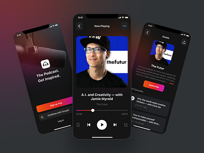 Podcast Mobile Application app clean dark ui design gradient log in login minimal music music player onboarding player podcast podcast app podcasts sign up song splash splash screen ui