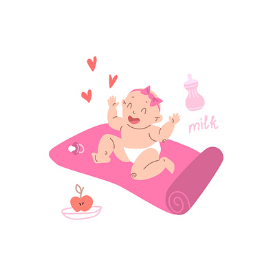 Baby sits on the rug and laughs apple baby baby yoga cartoon flat heart laughs math milk bottle pacifier pink rug sits vector yoga