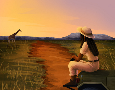 Into the wild africa art charactedesign children art children book illustration enviroment environment art freelance illustrator giraffe girl illustration nature safari sunset wild woman