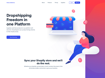 FreeCommerce-Web blue cart clean cloud creative drawing dropshipping ecommerce icons illustration landing page marketplace money payment shopify shopping ui ux web website