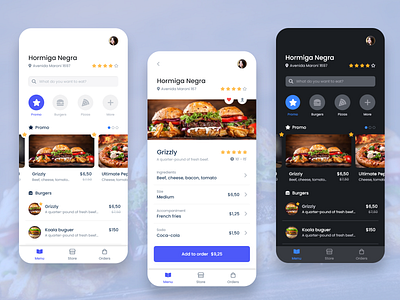 Food Delivery App burger dark mode flow food interaction interface mobile mobile app mobile ui pizza product ui ux white