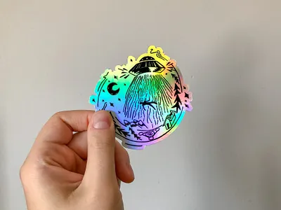 Holographic UFO Stickers aliens holograph illustration linocut printmaking space sticker ufo x files