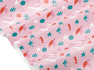 Seamless Sea Pattern Wrapping Paper ai clownfish cute illustration illustrator ocean pattern patterns pink red repeat sea seahorse seamless turtle whale wrapping wrapping paper