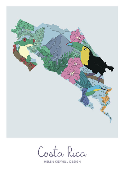 Costa Rica Map Illustration costa rica frog hummingbird latin america map pura vida toucan travel wildlife wildlife illustration