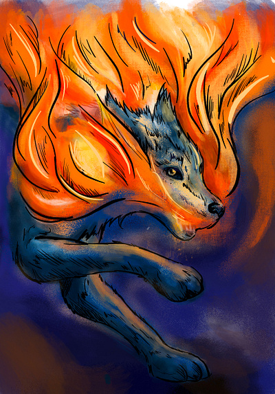 Wolf into fire art artwork brushes color colors design experimental fire handcraft illustration poster texture wolf