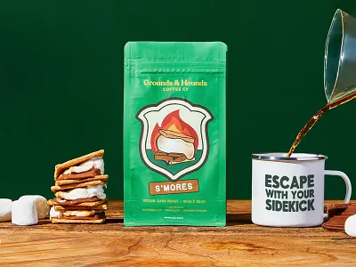 Grounds & Hounds S'mores Coffee Packaging badge branding camping design dogs drawing illustration packaging product photography smores summer typography