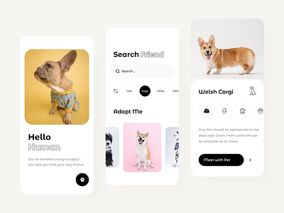 Pet Adoption App adoption animal animal care app cat dog friend minimal mobile onboard pet petshop sunday ui ux