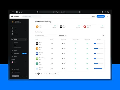 Defispot - Crypto Portfolio / Wallet app bitcoin ether blockchain btc eth chart clean crypto crypto app dark mode light mode ui data dex exchange finance nft portfolio wallet sidebar layout dark table top gainers losers ui ux