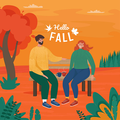 Love couple sitting on bench in autumn. autumn banner cartoon cpoupe cute cute art cute illustration fall flat hello world loving poster vector