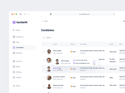 VanillaHR ✦ Candidates Page candidates dashboard dashboard ui design hover table typography ui ux