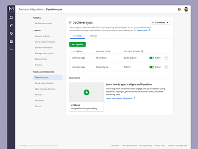 Mailigen by Pipedrive Redesign actions app automation desktop email campaigns enterprise info app integration interface mailigen marketing pipedrive product saas sync syncbot tools