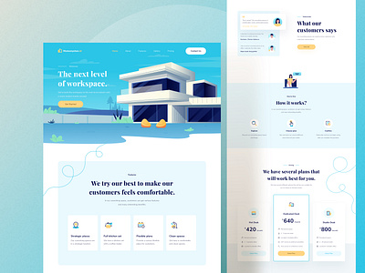 Momonyetan landing page background blue building business character chart clean dashboard desktop headers icon illustration landing mobile pricing profile promotion ui webdesign website