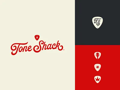 Tone Shack brand branding clean design flat graphic design guitar identity logo minimal music plectrum red retro type vintage