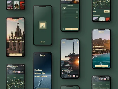 Ravel- Simple Booking APP app branding design figma green travel ui ux vector