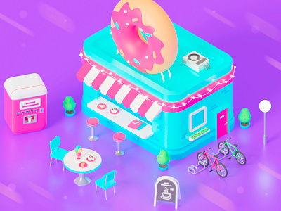 Café 3d 3d art 3d artist bicycle cafe city croissant donut game icecream illustration isometric isometry