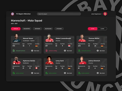 Bayern Munich - Team Manage Concept bayern card clean concept design football manage profile red service site soccer staff status ui web