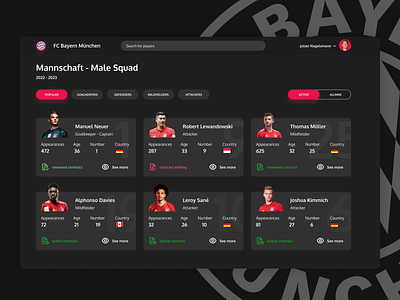 Bayern Munich - Team Manage Concept bayern card clean concept design football manage profile red service site soccer staff status ui web