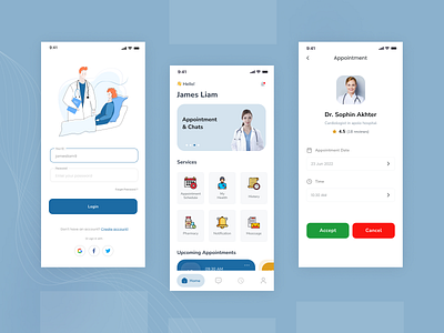 Doctor Appointment Mobile App app design application clinic doctor app doctor appointment health health app health consultations healthcare hospital hospital app medical app medical care medicine minimal mobile app mobile ui nurse patient ui ux