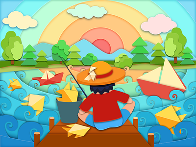 Pajarita fishing illustration origami paper craft vector