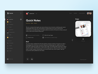 Concept redesign of Notion - Dark mode application asana brief card dark mode dashboard description designer interface list members mobile navigation notes notion product design profile snaps tasks web design