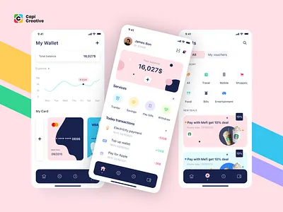 MeFi - E-wallet App UI Kit app application bank capi chart design e wallet home home balance mobile payment table transfer ui ui kit