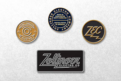 Zollinger Electro Pins badge brand branding enamel pin icon identity lockup logo logotype logotypes pin retro script type typography vintage