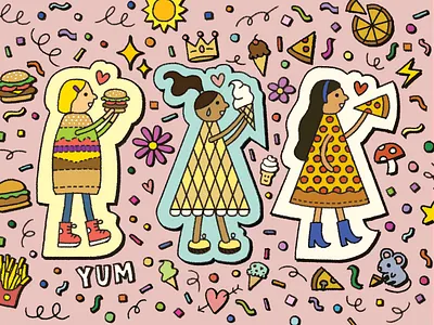 Junk Food Queens 🍔🍦🍕 burgers females girls hamburgers icecream icon icons illustration illustration art illustration design junkfood photoshop pizza queens